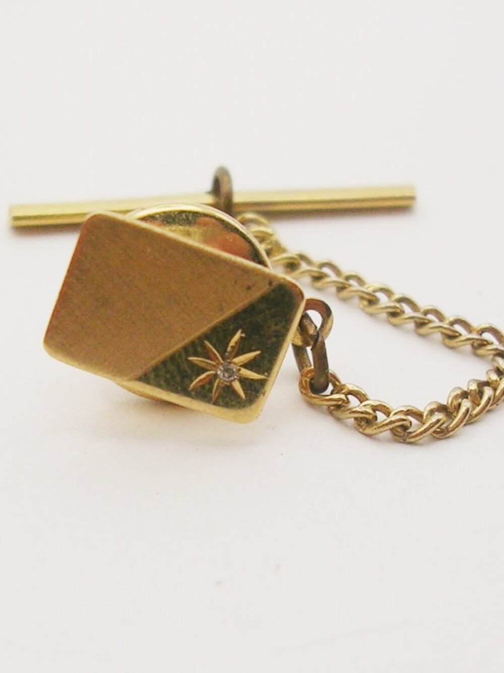 Vintage Tie Pin Tack with Chain Starburst Design Diamond Chip